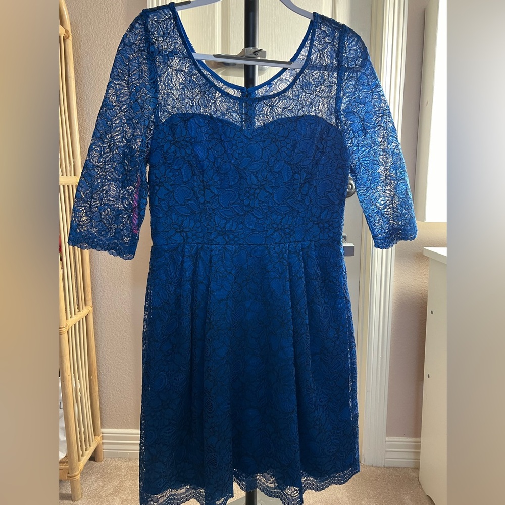 Betsey Johnson Cobalt Blue Black Floral Lace A Line 3/4 Sleeve Dress Size 12